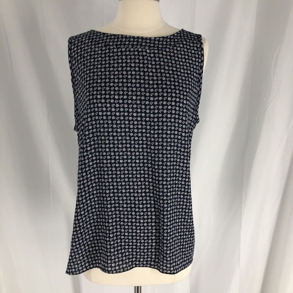 LOFT Floral collarless blouse tank top navy blue preppy business casual Size L